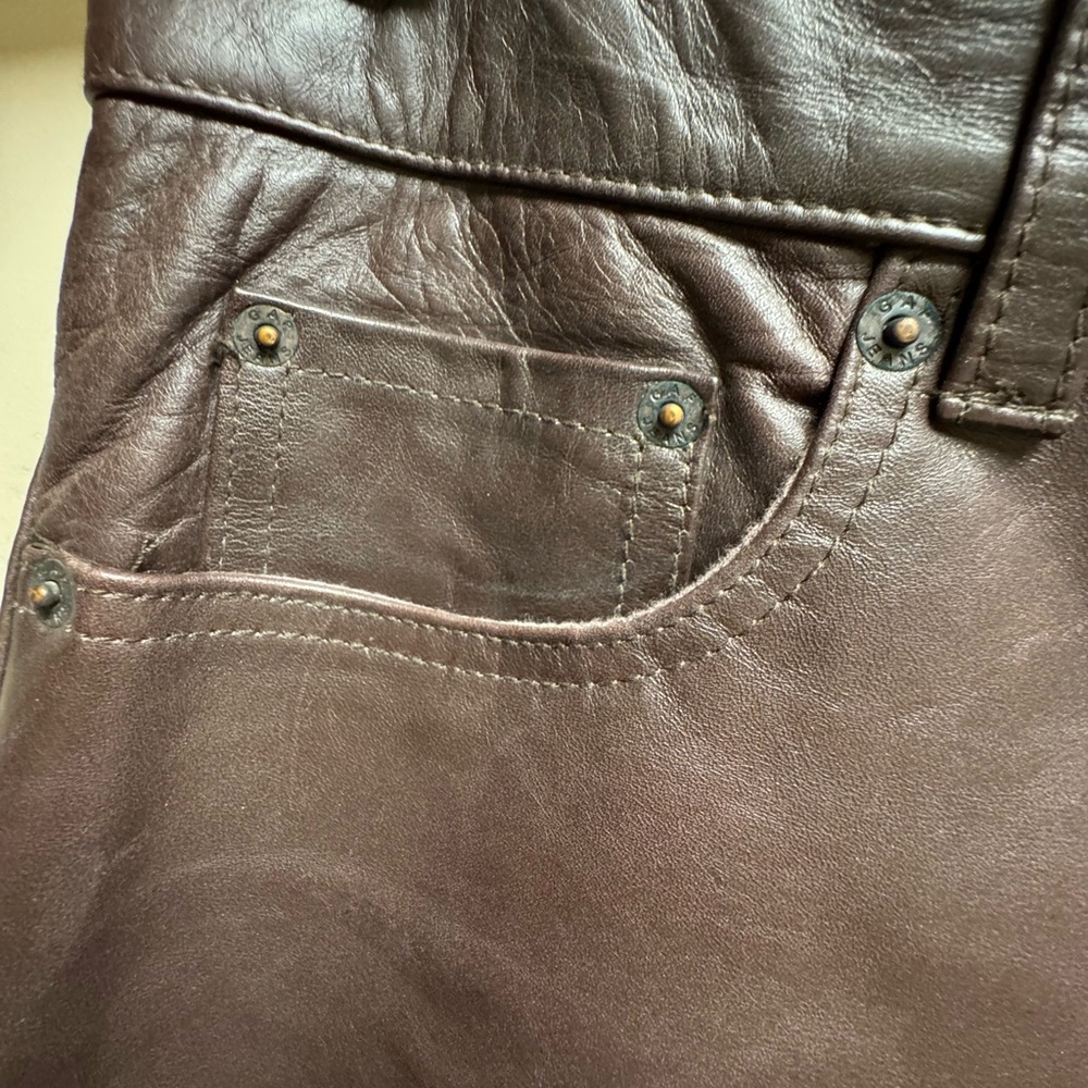 RARE GENUINE Y2K GAP Brown Leather Luxury Weight Fully Lined Jean Cut Pants - Picture 4 of 13